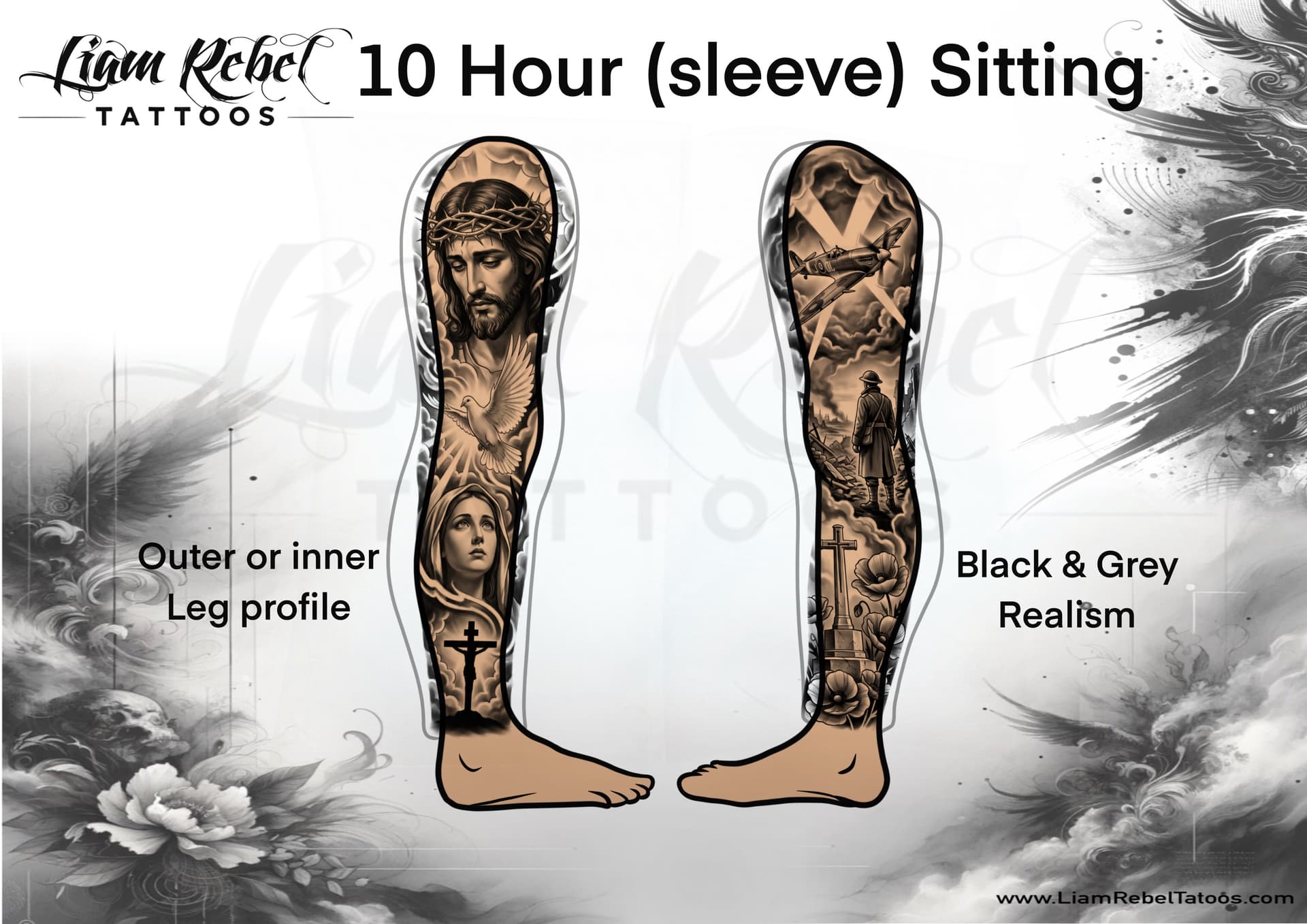 Leg sleeve tattoo coverage guide — full outer and inner leg profile from a 10-hour single sitting, Sheffield