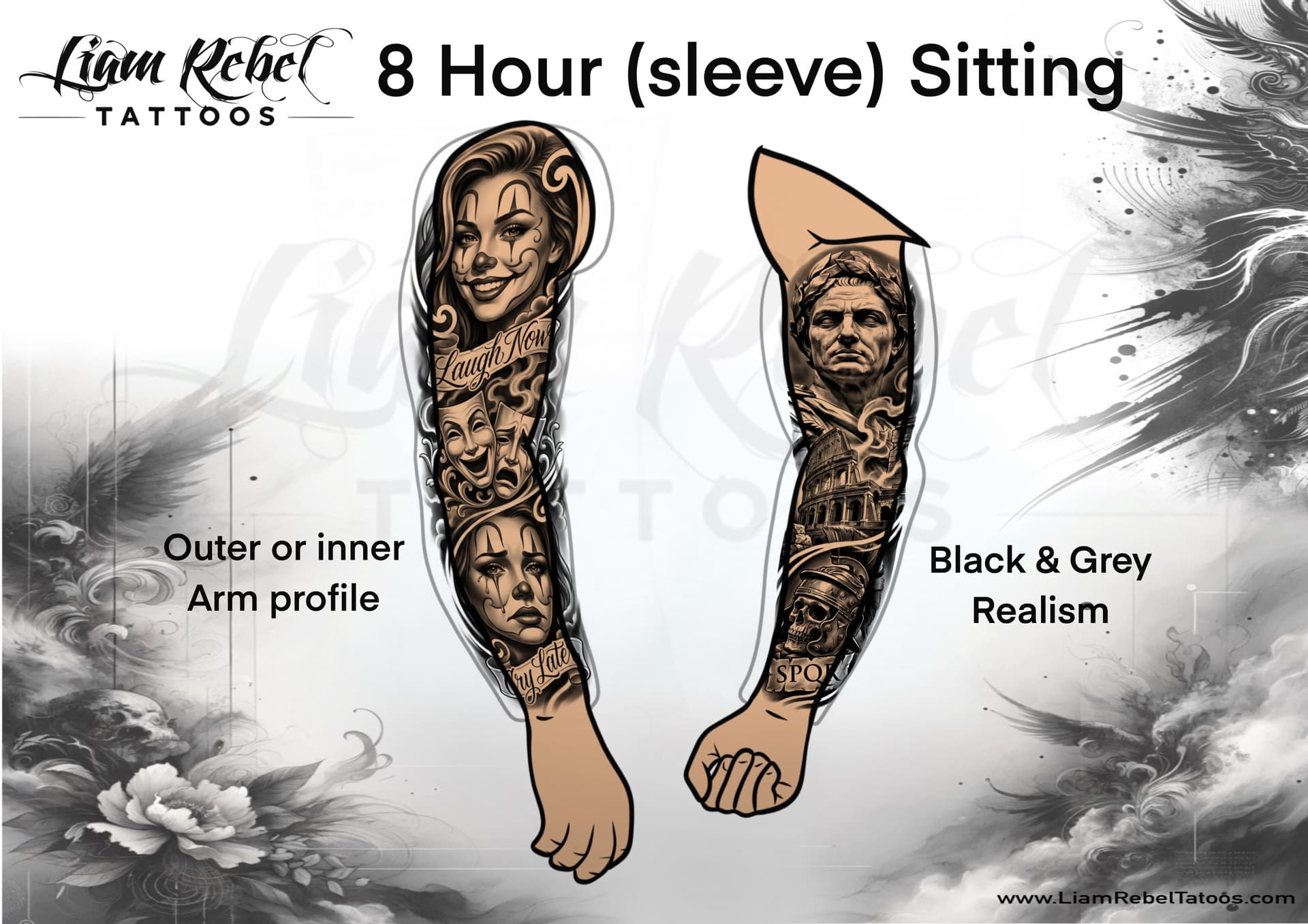 Arm sleeve tattoo coverage guide — full outer and inner arm profile from an 8-hour single sitting, Sheffield