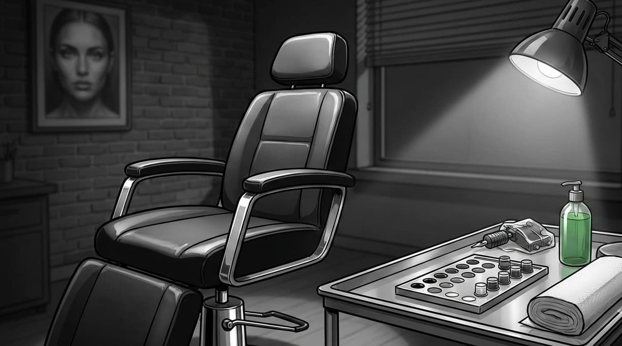 Interior of a tattoo studio featuring a chair and equipment in black and grey realism style.