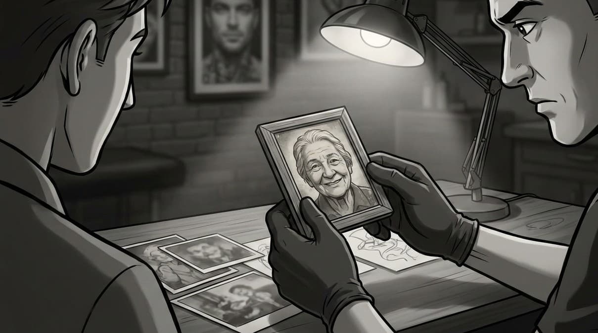 A tattoo artist studying a black and grey realism portrait of an elderly woman.