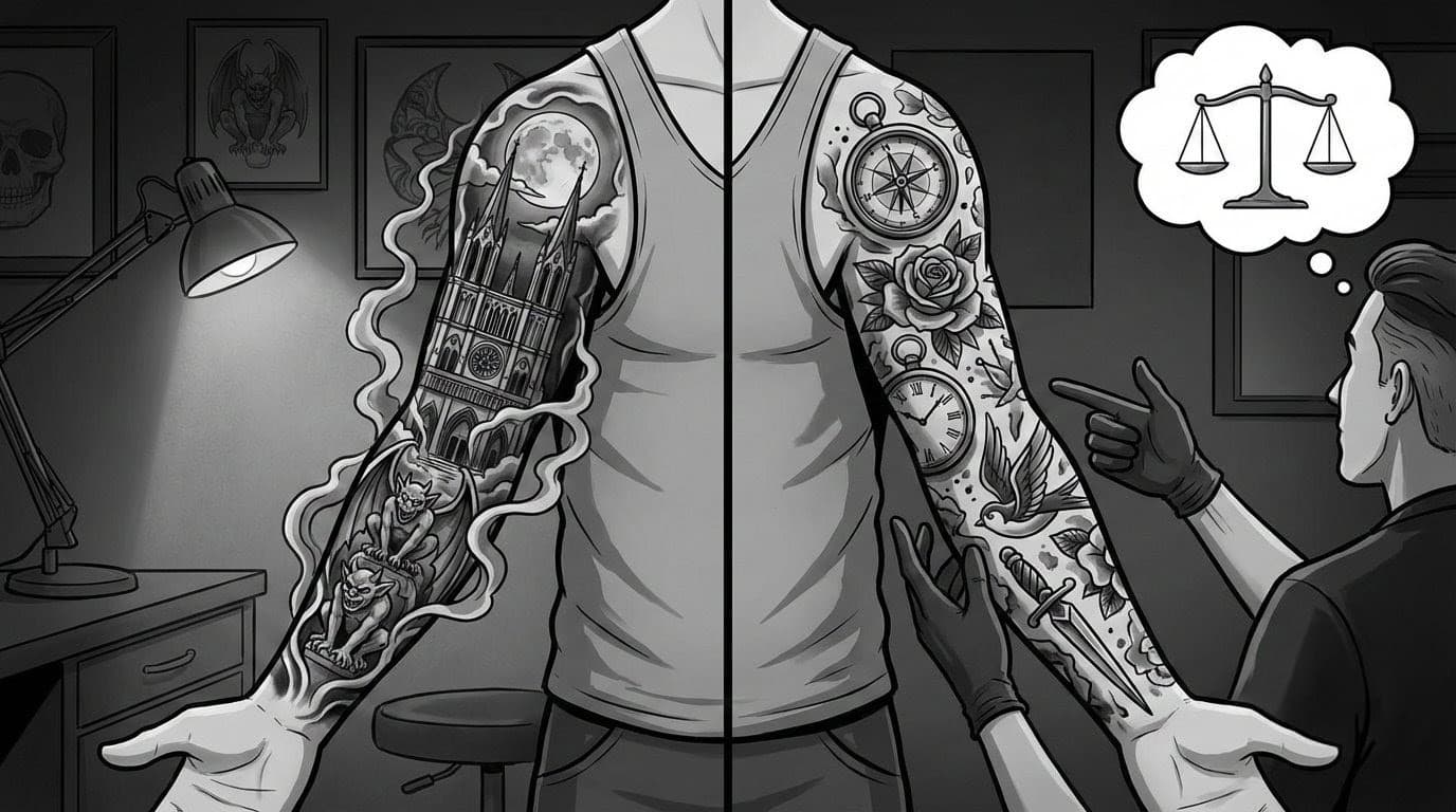 Arm sleeve tattoo featuring gothic architecture and floral elements in black and grey realism.