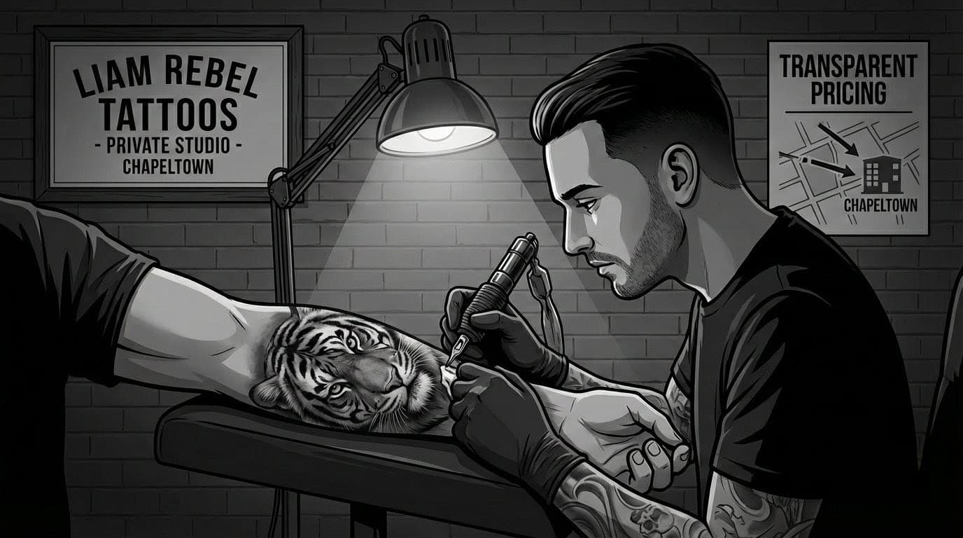 Tattoo artist working on a black and grey tiger tattoo in a studio. Liam Rebel Tattoos