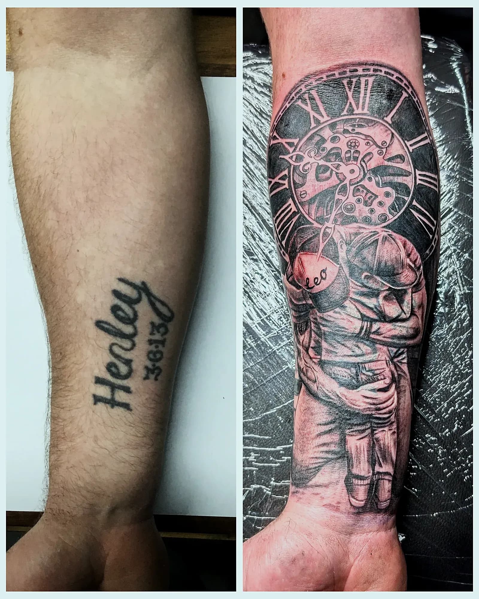 Before and after of a father hugging his young son beneath a clock face, covering an old name on the forearm.