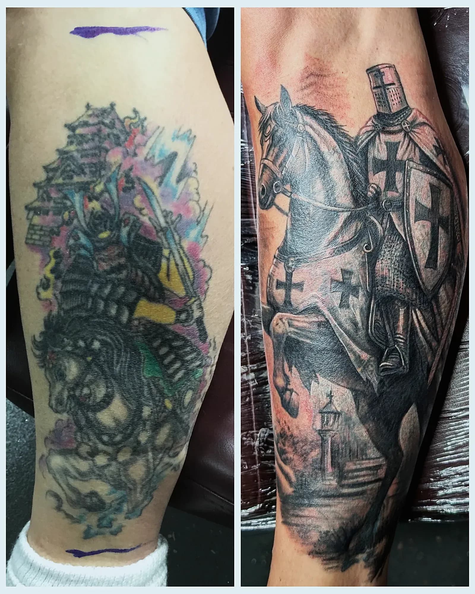 Before and after of a black and grey crusader knight on a rearing horse covering an old coloured samurai tattoo on the leg.