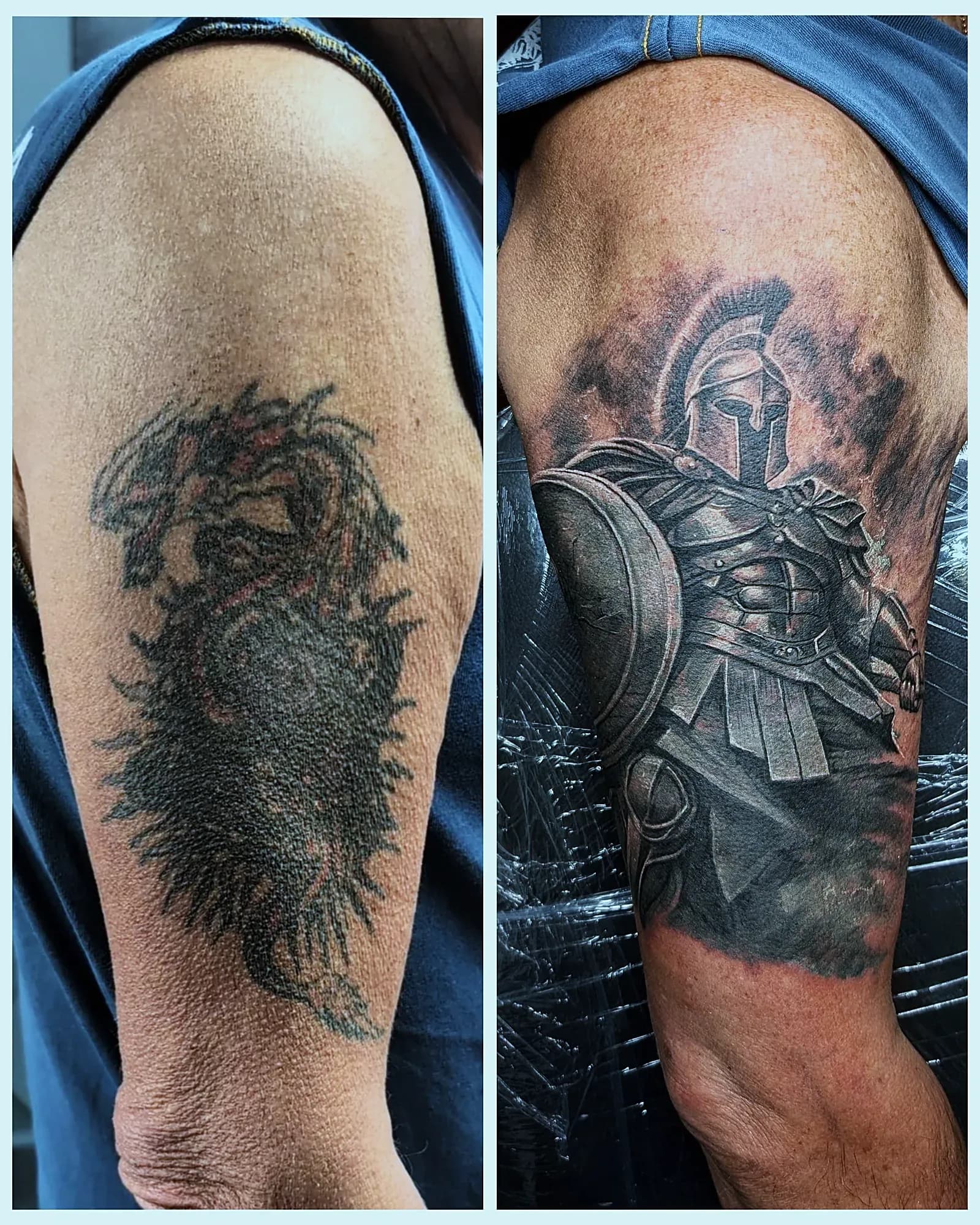 Before and after of a black and grey Greek warrior in a crested helmet covering an old tribal dragon on the upper arm.