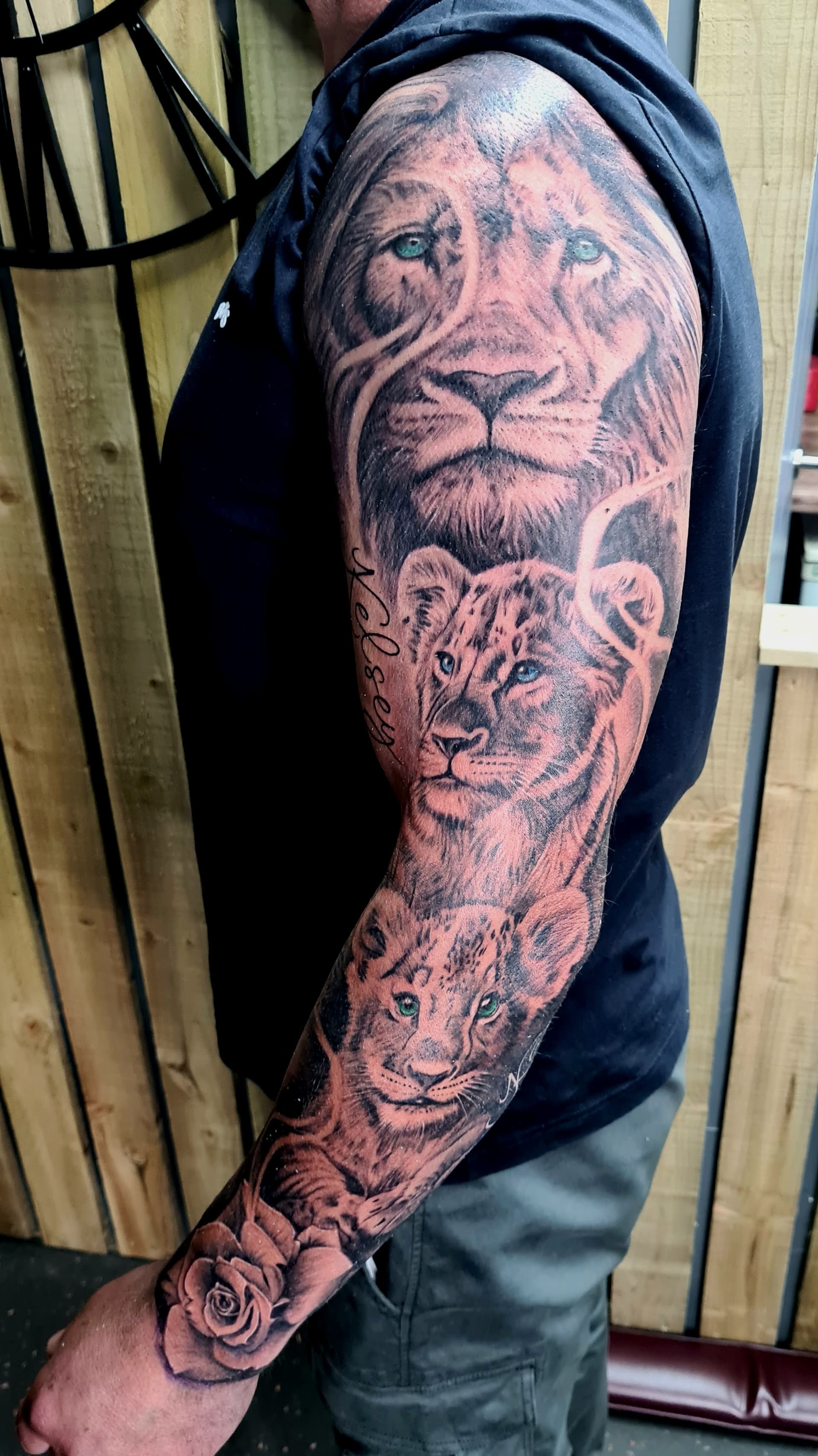 Black and grey realism tattoo of a lion pride, script and rose covering the full arm