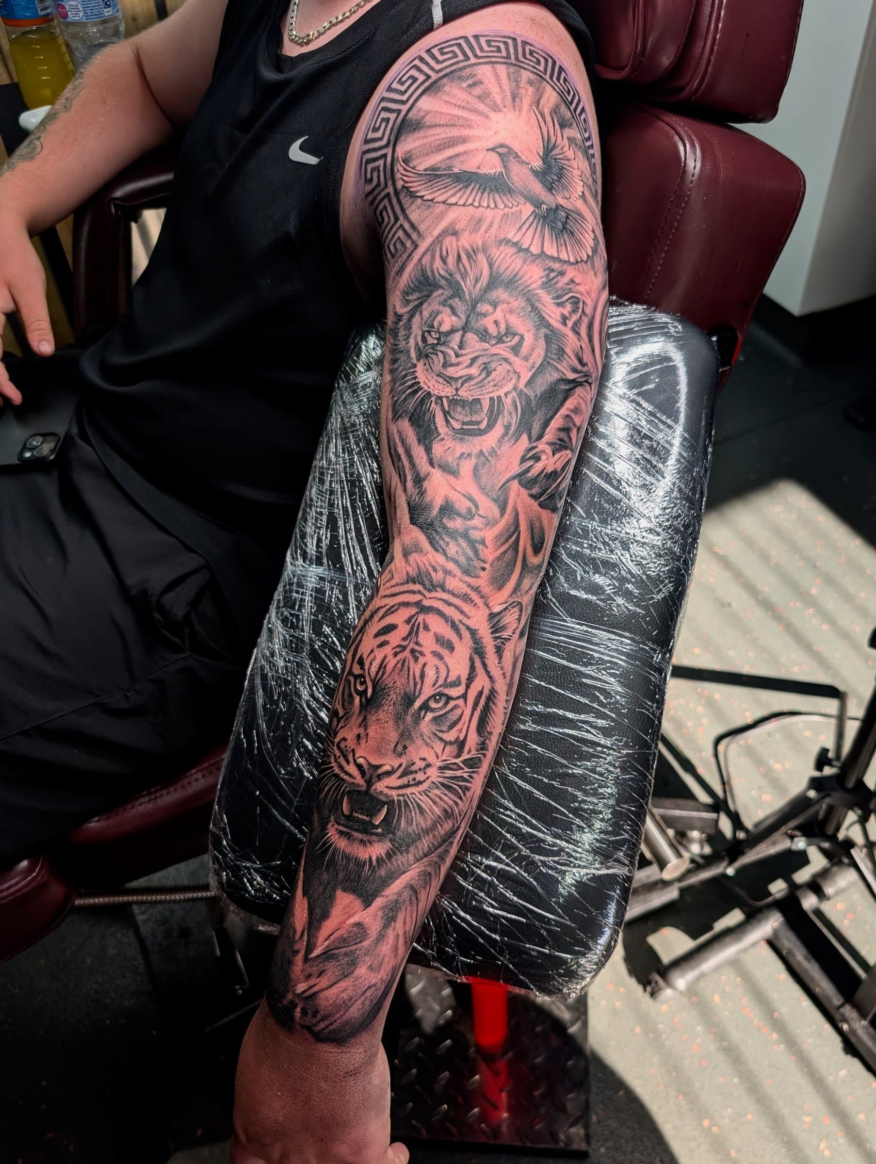 Black and grey realism arm sleeve tattoo featuring a lion, tiger and dove