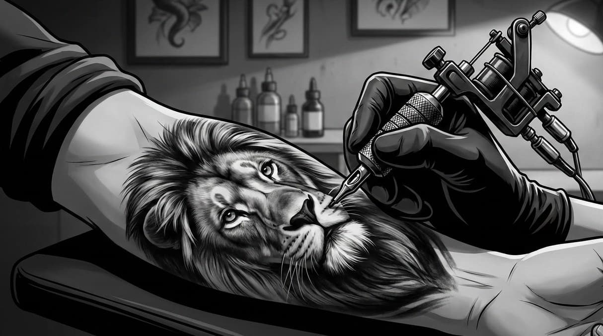 A detailed black and grey realism lion tattoo being applied to an arm.