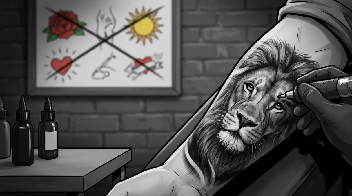Close-up of a lion tattoo in black and grey realism style on an arm.