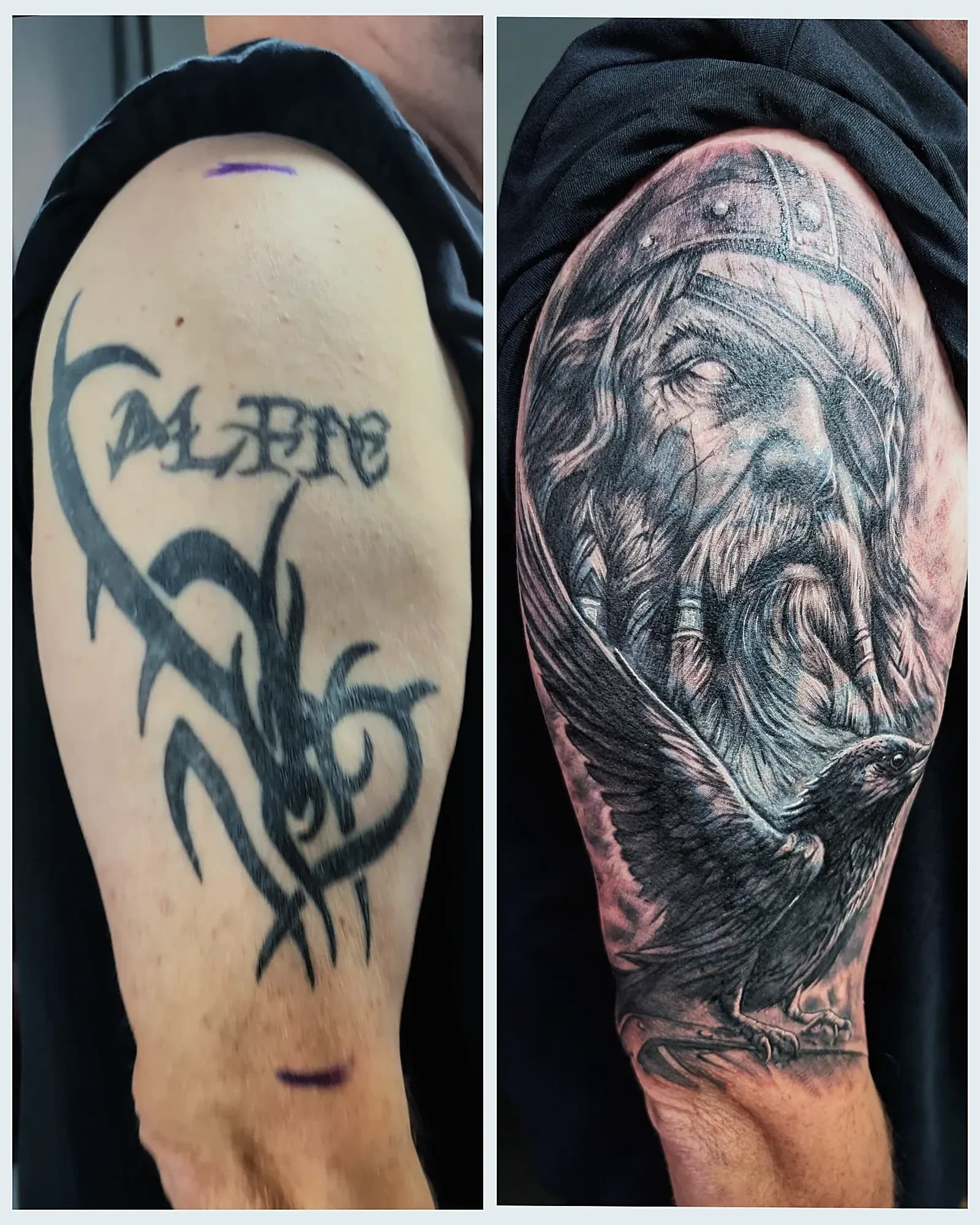 Before and after of a black and grey Odin with a raven in flight covering an old tribal tattoo on the shoulder.