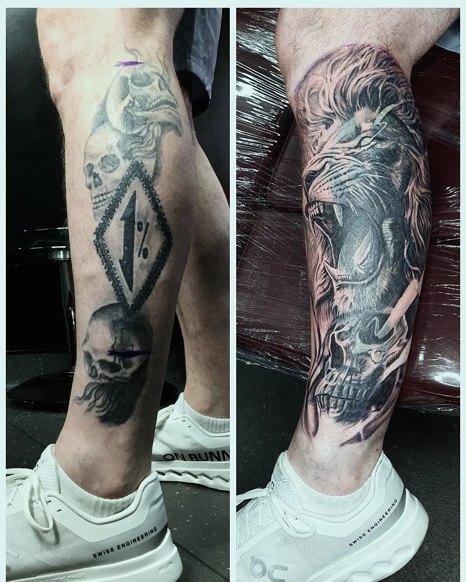 Before and after of a black and grey roaring lion above a skull covering old skull and patch tattoos on the calf.