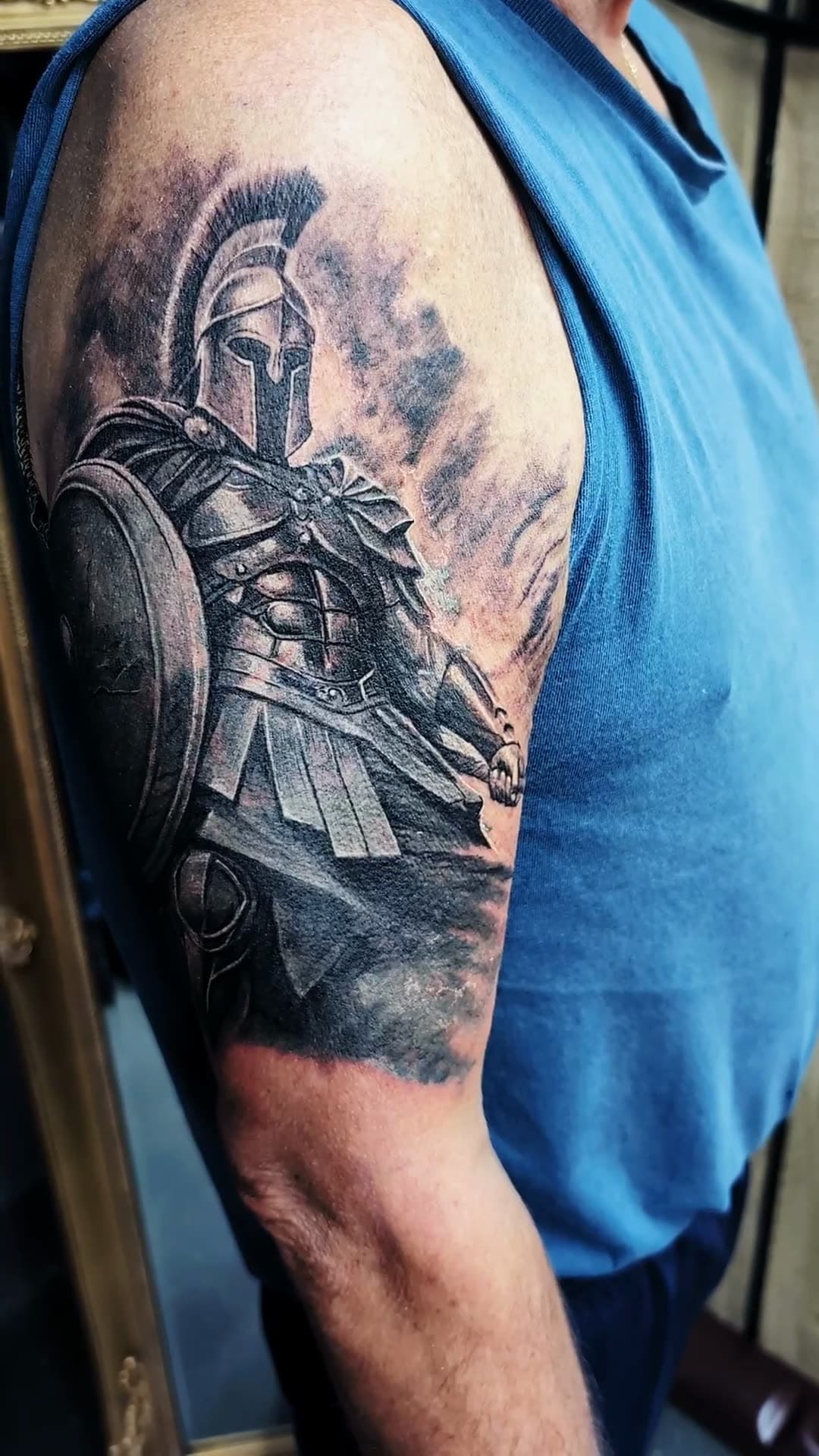 Greek warrior cover-up tattoo, 6-hour session — cover photo