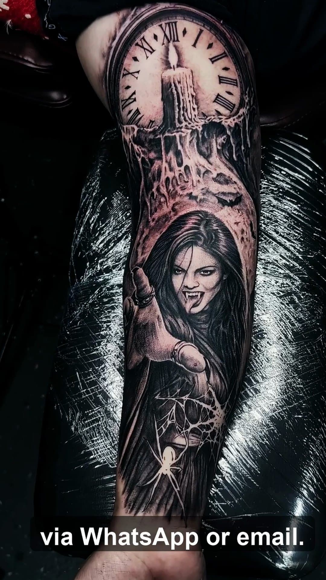 Clock, candle and vampire woman tattoo, 8-hour session