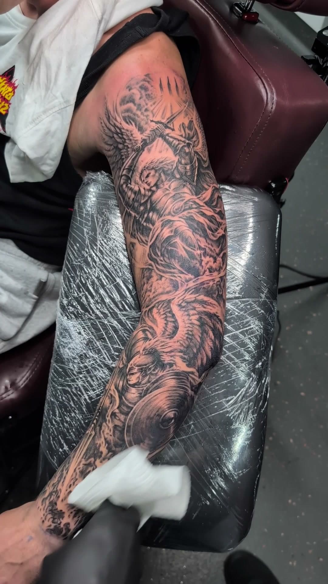 Heaven vs hell black and grey sleeve tatt, stencil to reveal — cover photo