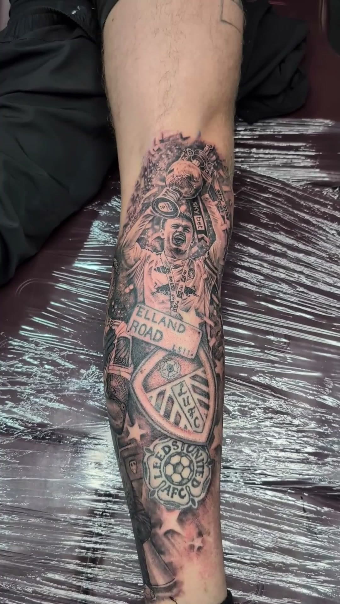 Leeds United portrait leg tattoo, stencil to reveal — cover photo