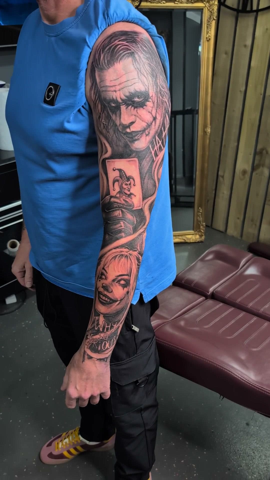 Joker and Harley Quinn arm cover-up, stencil to reveal