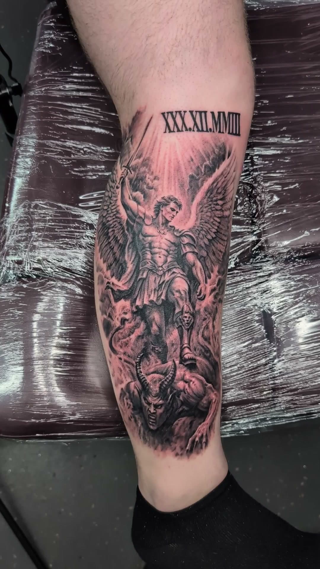 St Michael and devil memorial calf tattoo, stencil to reveal — cover photo
