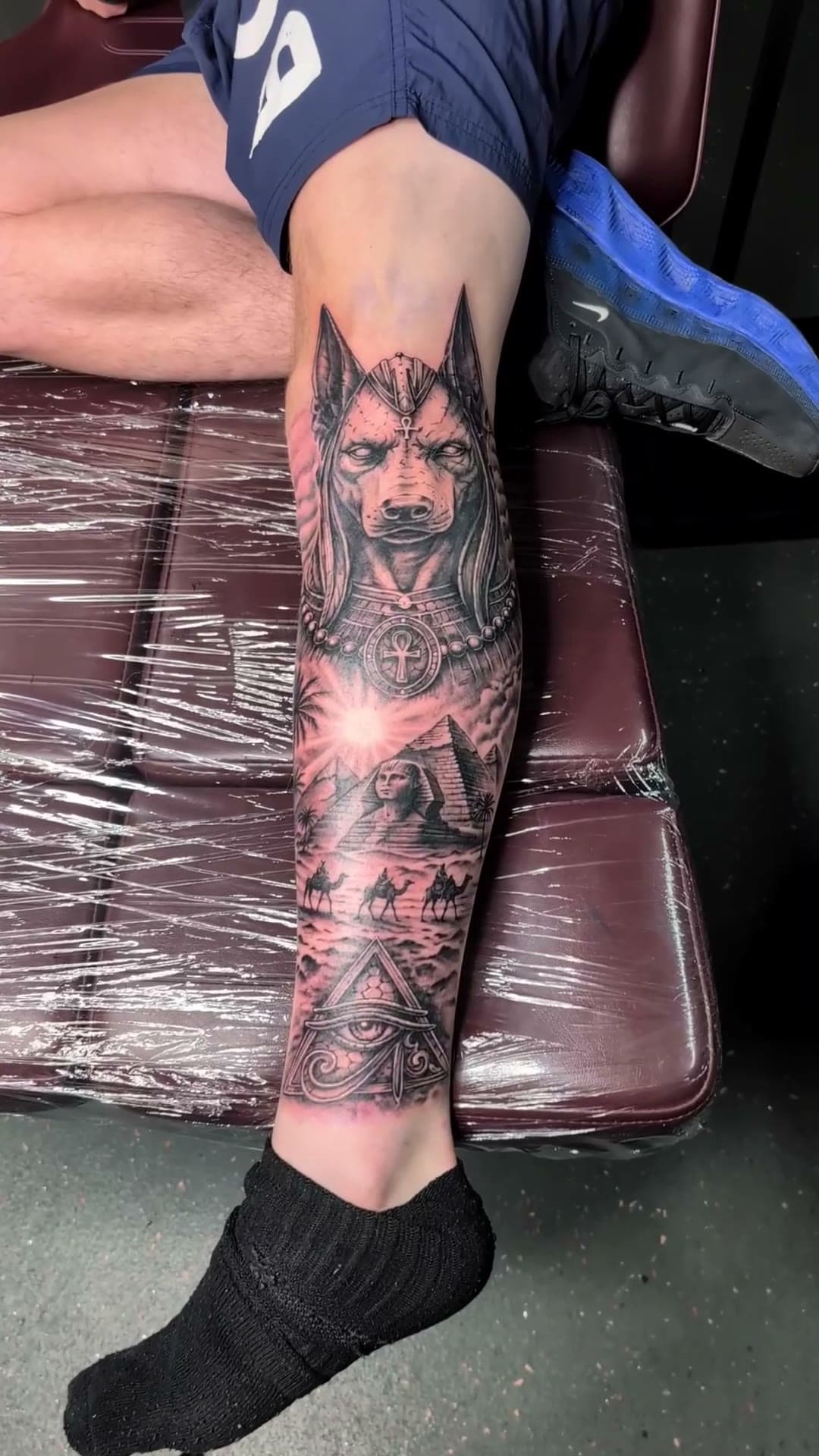Anubis and pyramids Egyptian leg tattoo, stencil to reveal — cover photo