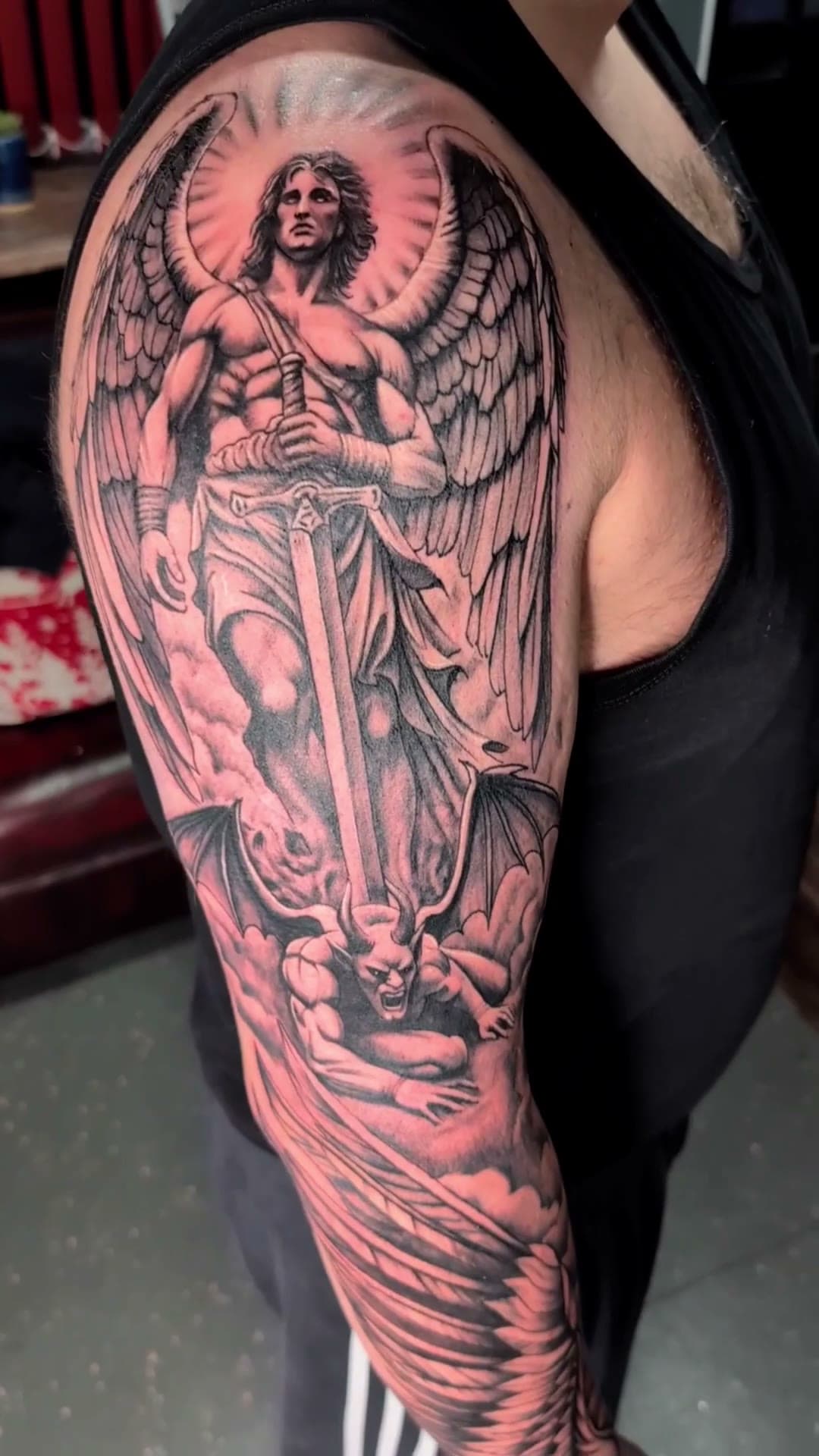 Archangel Michael outer arm tattoo, stencil to reveal — cover photo