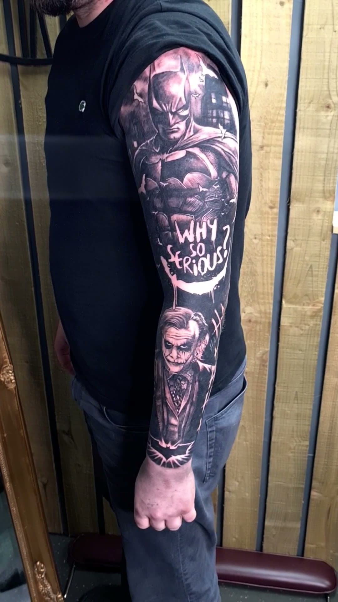 Batman and Joker arm sleeve tattoo, stencil to reveal — cover photo