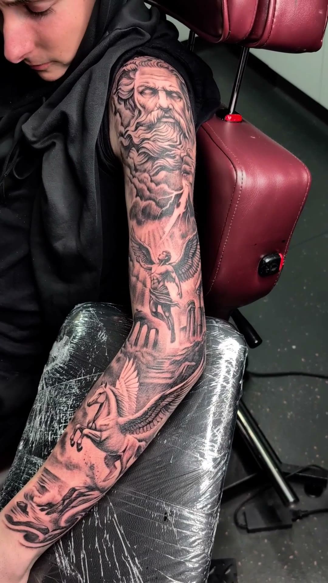 Greek mythology arm sleeve tattoo, stencil to reveal — cover photo