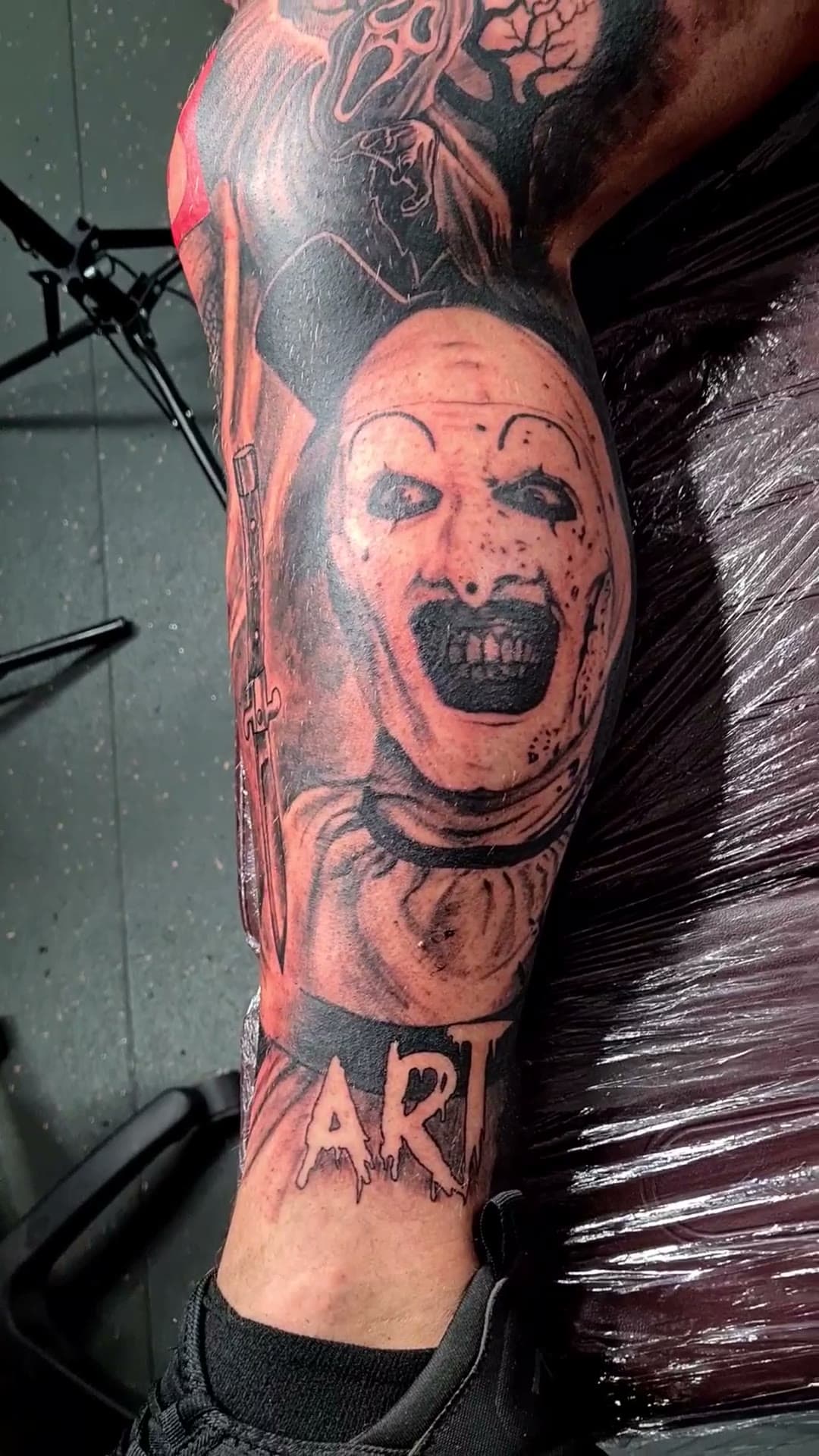 Horror leg sleeve tattoo, two 10-hour sittings — cover photo