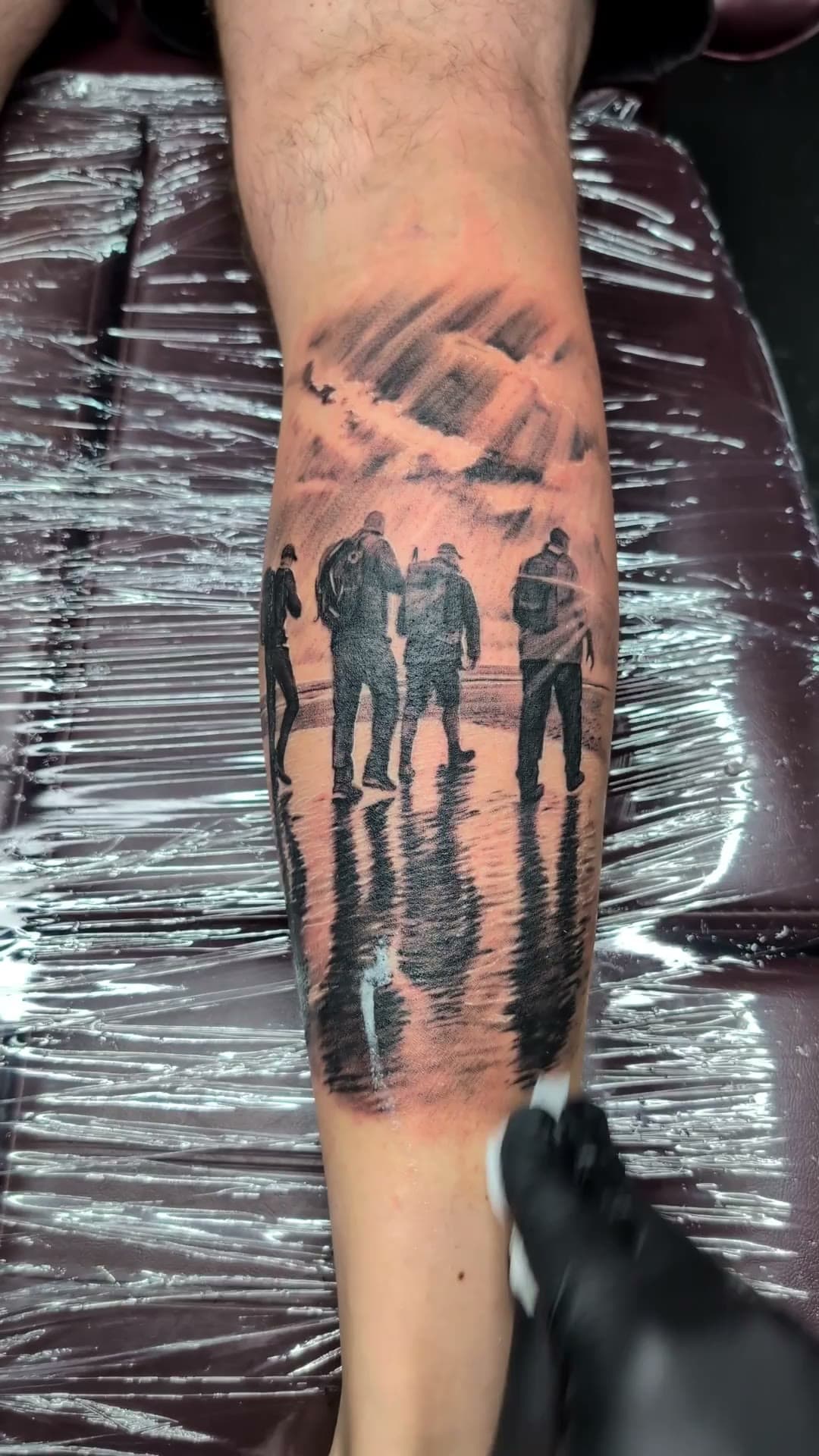 Normandy beach realism calf tattoo, stencil to reveal — cover photo