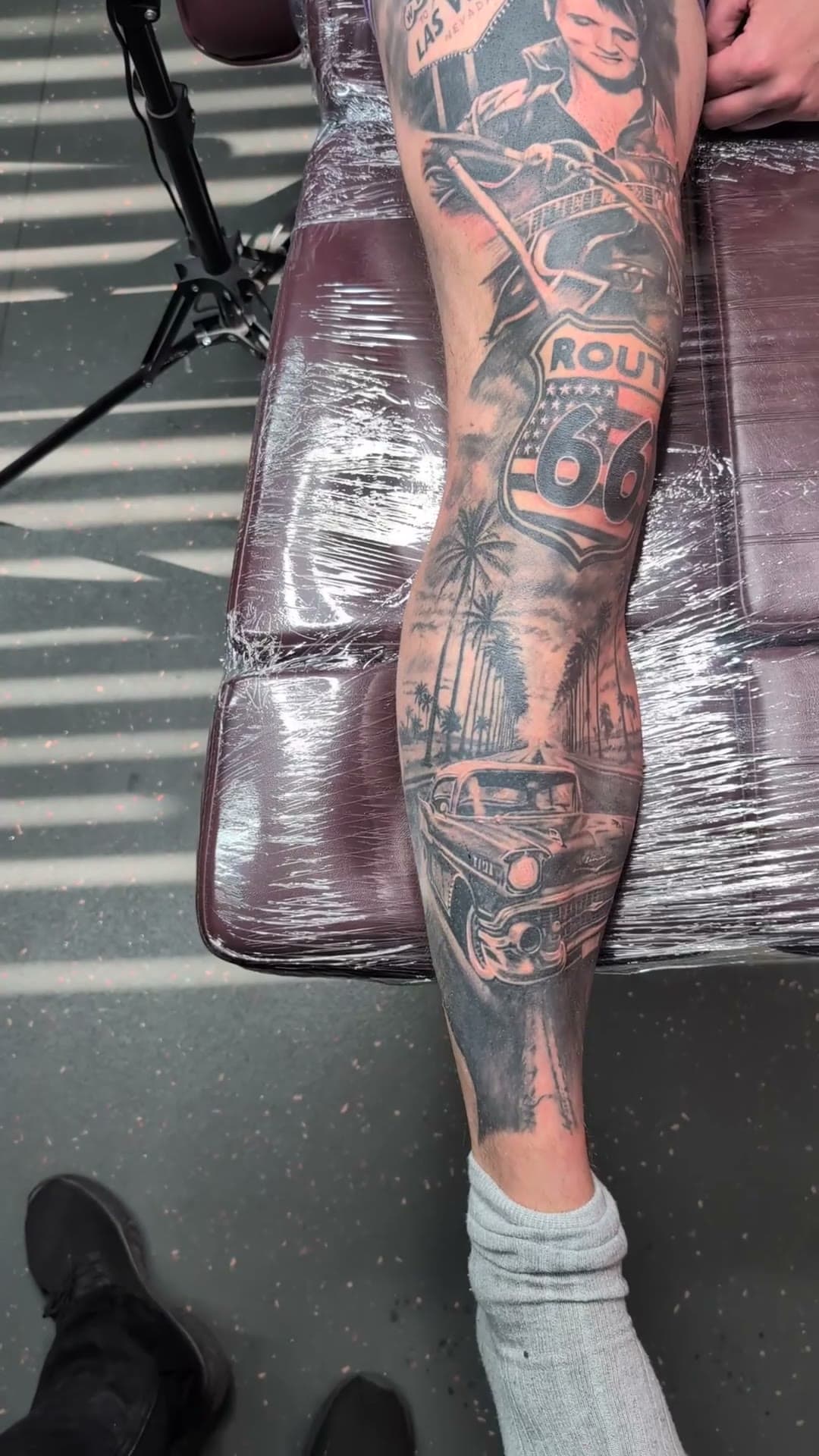 Elvis and Route 66 leg sleeve tattoo, fully healed — cover photo